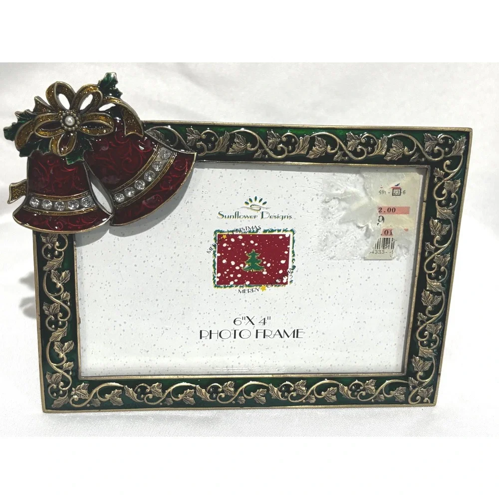 Sunflower Designs Christmas Photo Frame 4x6 Red Bells Rhinestone Enamel luxury‎